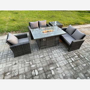 Fimous Rattan Outdoor Garden Furniture Gas Fire Pit Table Sets Gas Heater with Love Sofa Armchair Side Table 5 Seater Dark Mixed Grey
