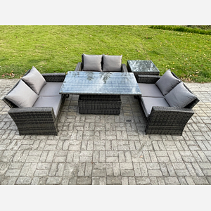 Fimous 6 Seater Rattan Wicker Garden Furniture Patio Conservatory Sofa Set with Height Adjustable Rising Lifting Table Double Seat Sofa Side Table