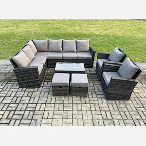 Fimous 10 Seater High Back Outdoor Garden Furniture Set Rattan Corner Sofa Set With Rectangular Coffee Table 2 Small Footstools 2 Armchairs Dark Grey Mixed