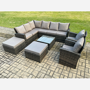 Fimous 10 Seat Rattan Garden Furniture Corner Sofa Set Outdoor Patio Sofa Table Set with 2 Big Footstool Dark Grey Mixed