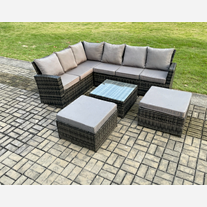 Fimous Rattan Garden Furniture Set Outdoor Lounge Corner Sofa Set With Square Coffee Table 2 Big Footstool 8 Seater Dark Grey Mixed