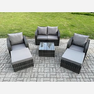 Fimous 6 Seater High Back Rattan Garden Furniture Set with Square Coffee Table 2 Big Footstool Love Sofa Reclining Chair Indoor Outdoor Patio Lounge Sofa Set Dark Grey Mixed