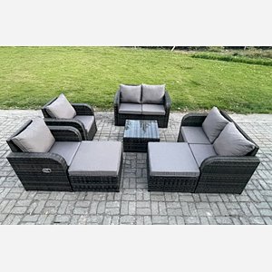 Fimous 8 Seater High Back Rattan Garden Furniture Set with Square Coffee Table 2 Big Footstool Love Sofa Reclining Chair Indoor Outdoor Patio Lounge Sofa Set Dark Grey Mixed