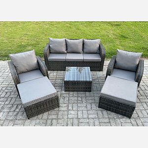 Fimous 7 Seater High Back Rattan Garden Furniture Set with Square Coffee Table 2 Big Footstool Indoor Outdoor Patio Lounge Sofa Set Dark Grey Mixed