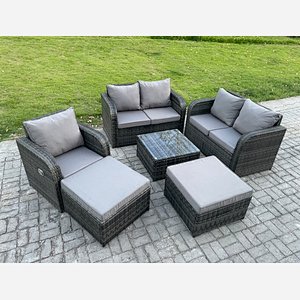 Fimous 7 Seater High Back Rattan Garden Furniture Set with Square Coffee Table 2 Big Footstool Love Sofa Indoor Outdoor Patio Lounge Sofa Set Dark Grey Mixed
