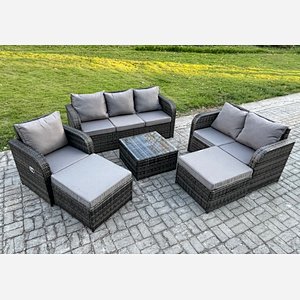 Fimous 8 Seater High Back Rattan Garden Furniture Set with Square Coffee Table 2 Big Footstool Indoor Outdoor Patio Lounge Sofa Set Dark Grey Mixed