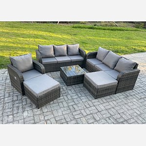 Fimous 9 Seater Outdoor Rattan Garden Furniture Set Conservatory Patio Sofa Coffee Table With 2 Big Footstool Dark Grey Mixed