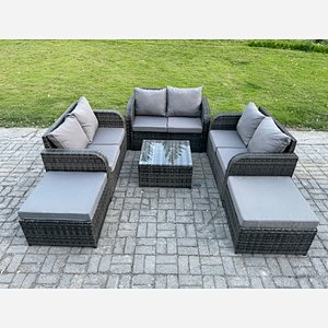 Fimous 8 Seater High Back Rattan Garden Furniture Set with Square Coffee Table 2 Big Footstool Love Sofa Indoor Outdoor Patio Lounge Sofa Set Dark Grey Mixed