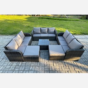 Fimous 11 Seater Outdoor Rattan Garden Furniture Set Conservatory Patio Sofa Coffee Table With 2 Big Footstool Dark Grey Mixed