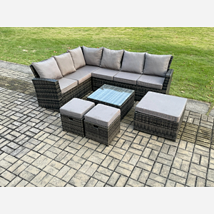Fimous Rattan Garden Furniture Set Outdoor Lounge Corner Sofa Set With Square Coffee Table 3 Footstools 9 Seater Dark Grey Mixed