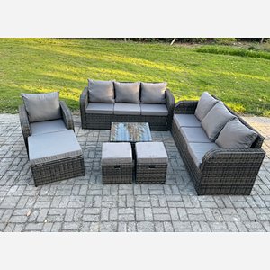 Fimous Outdoor Rattan Garden Furniture Set Conservatory Patio Sofa Coffee Table With Reclining Chair 3 Footstools Dark Grey Mixed
