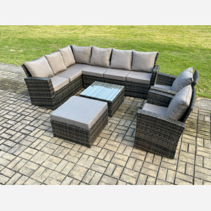 Fimous Rattan Garden Furniture Set Outdoor Lounge Corner Sofa Set With Square Coffee Table Big Footstool 2 Armchairs 9 Seater Dark Grey Mixed
