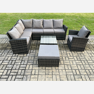 Fimous Rattan Garden Furniture Set Outdoor Lounge Corner Sofa Set With Square Coffee Table Big Footstool Armchair 8 Seater Dark Grey Mixed