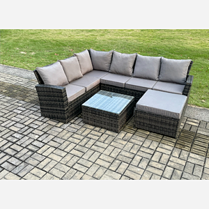 Fimous Rattan Garden Furniture Set Outdoor Lounge Corner Sofa Set With Square Coffee Table Big Footstool 7 Seater Dark Grey Mixed