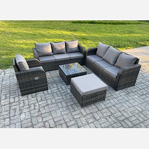 Fimous Outdoor Rattan Garden Furniture Set Conservatory Patio Sofa Coffee Table With Reclining Chair Big Footstool Dark Grey Mixed