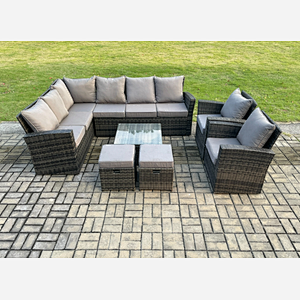 Fimous Rattan Garden Furniture Set Outdoor Lounge Corner Sofa Set With Square Coffee Table 2 Small Footstools Armchair 10 Seater Dark Grey Mixed