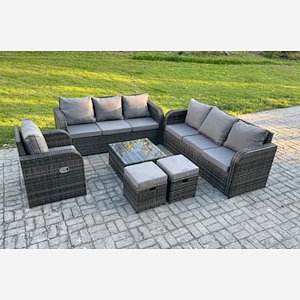 Fimous Outdoor Rattan Garden Furniture Set Conservatory Patio Sofa Coffee Table With Reclining Chair 2 Small Footstools Dark Grey Mixed