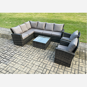 Fimous Rattan Garden Furniture Set Outdoor Lounge Corner Sofa Set With Square Coffee Table 2 Armchairs 8 Seater Dark Grey Mixed