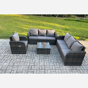 Fimous Outdoor Rattan Garden Furniture Set Conservatory Patio Sofa Coffee Table With Reclining Chair Dark Grey Mixed