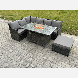 Fimous 7 Seater Rattan Garden Furniture Sets High Back Corner Sofa Fire Pit Dining Table Sets Gas Heater with Big Footstool Dark Grey Mixed