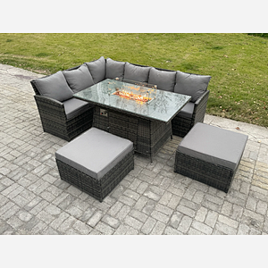 Fimous 8 Seater Rattan Garden Furniture High Back Corner Sofa Gas Fire Pit Dining Table Sets Gas Heater with 2 Big Footstool Dark Grey Mixed