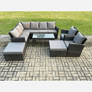 Fimous Outdoor Furniture Garden Dining Set Rattan Corner Sofa Set with 2 Armchairs 2 Big Footstool Dark Grey Mixed
