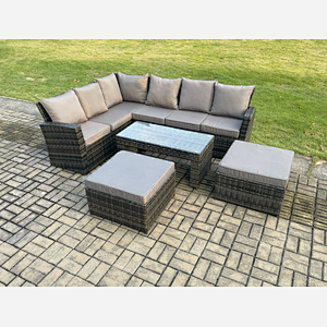 Fimous Outdoor Furniture Garden Dining Set Rattan Corner Sofa Set with 2 Big Footstool Dark Grey Mixed