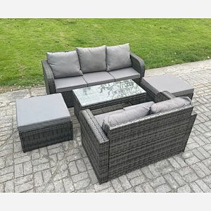 Fimous 7 Seater Outdoor Rattan Garden Furniture Set with Patio Lounge Sofa Set with Rectangular Coffee Table 2 Big Footstool Dark Grey Mixed