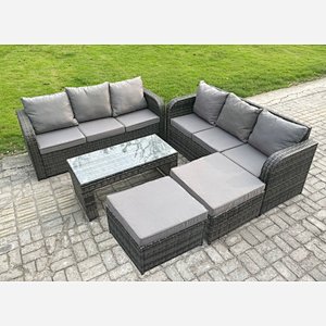 Fimous Outdoor Lounge Sofa Set Rattan Garden Furniture Set with Rectangular Coffee Table 2 Big Footstool 3 Seater Sofa Dark Grey Mixed