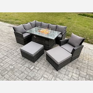 Fimous 9 Seater Rattan Garden Furniture Set High Back Corner Sofa Gas Fire Pit Dining Table Sets Gas Heater with 2 Big Footstool Armchair Dark Grey Mixed