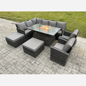 Fimous 10 Seater Outdoor Rattan Garden Furniture Set Corner Sofa Gas Fire Pit Dining Table Sets Gas Heater with 2 Big Footstool 2 Armchair Dark Grey Mixed