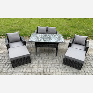 Fimous 6 Seater High Back  Outdoor Garden Furniture Rattan Sofa Dining Table Set with Armchair 2 Big Footstool Dark Grey Mixed