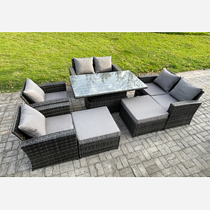 Fimous 8 Seater Wicker Rattan Garden Furniture Rising Table Set with 2 Big Footstool Double Seat Sofa Armchairs Dark Grey Mixed