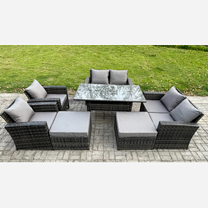 Fimous 8 Seater High Back  Outdoor Garden Furniture Rattan Sofa Dining Table Set with Armchair 2 Big Footstool Dark Grey Mixed