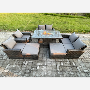 Fimous 8 Seater Rattan Garden Furniture Set Outdoor Lounge Sofa Chair Gas Fire Pit Dining Table Set With 2 Big Footstool Double Seat Sofa Armchiar