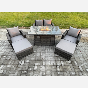 Fimous 6 Seater Rattan Garden Furniture Set Outdoor Lounge Sofa Chair Gas Fire Pit Dining Table Set With 2 Big Footstool Double Seat Sofa Armchiar