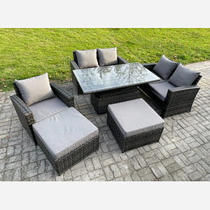 Fimous 7 Seater Wicker Rattan Garden Furniture Rising Table Set with 2 Big Footstool Double Seat Sofa Armchairs Dark Grey Mixed