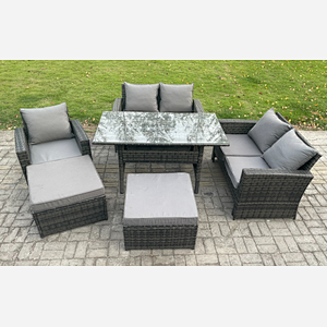Fimous High Back Outdoor Garden Furniture Rattan Sofa Dining Table Set with Armchair 2 Big Footstool Dark Grey Mixed