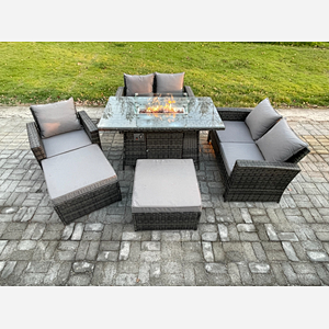 Fimous 7 Seater Rattan Garden Furniture Set Outdoor Lounge Sofa Chair Gas Fire Pit Dining Table Set With 2 Big Footstool Double Seat Sofa Armchiar