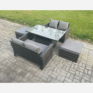 Fimous 5 Pieces Garden Furniture Sets Poly Rattan Outdoor Patio Height Adjustable Rising Lifting Table Sofa Dining Set with 2 Big Footstool