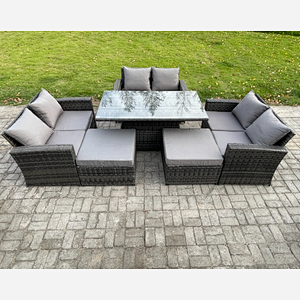 Fimous 8 Seater Wicker Rattan Garden Furniture Rising Table Set with 2 Big Footstool Double Seat Sofa Dark Grey Mixed