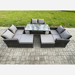 Fimous High Back Outdoor Garden Furniture Rattan Sofa Dining Table Set with 2 Big Footstool Dark Grey Mixed