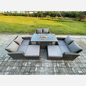 Fimous Rattan Garden Furniture Set Outdoor Lounge Sofa Chair Gas Fire Pit Dining Table Set With 2 Big Footstool Double Seat Sofa Armchiar