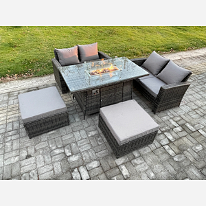 Fimous 5 Pieces Garden Furniture Sets Poly Rattan Outdoor Patio Gas Firepit Dining Table Sofa Set with 2 Big Footstool