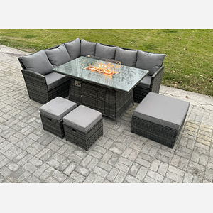 Fimous Rattan Garden Furniture High Back Corner Sofa Gas Fire Pit Dining Table Sets Gas Heater with 3 Footstools 9 Seater Dark Grey Mixed