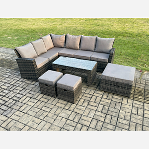 Fimous 9 Seat Rattan Garden Furniture Corner Sofa Set Outdoor Patio Sofa Table Set with 3 Footstools Dark Grey Mixed