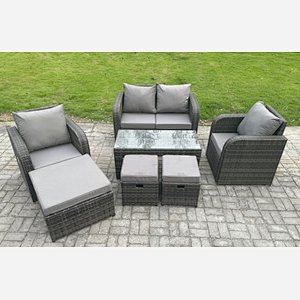 Fimous 7 Seater Rattan Lounge Sofa Set Outdoor Garden Furniture Set with Rectangular Coffee Table Love Sofa 3 Footstools Dark Grey Mixed