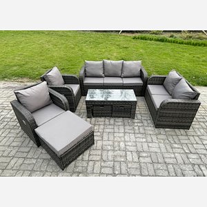 Fimous Outdoor Rattan Garden Furniture Set Rattan Lounge Sofa Set with Rectangular Coffee Table 3 Footstools Dark Grey Mixed