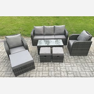 Fimous 8 Seater Rattan Garden Furniture Set with Rectangular Coffee Table 3 Footstools Patio Outdoor Rattan Set
