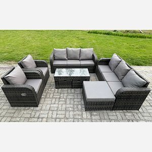 Fimous 11 Seater Wicker PE Rattan Sofa Set Outdoor Patio Garden Furniture with 2 Reclining Chairs Coffee Table 3 Footstools Dark Grey Mixed